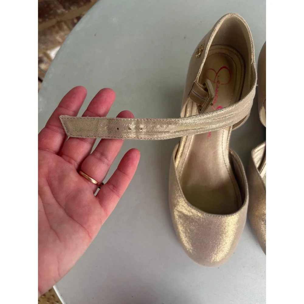 Jessica Simpson Girls Gold Metallic Mary Jane Dress Shoes Heels Buckle Strap